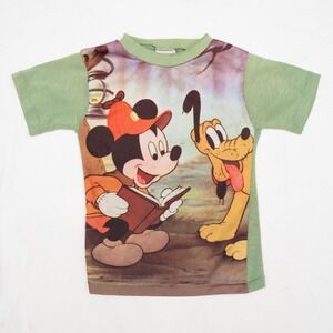Vintage 60s 70s Shirtees Photo Knit Mickey Mouse & Pluto Green Baby T Size 4/5